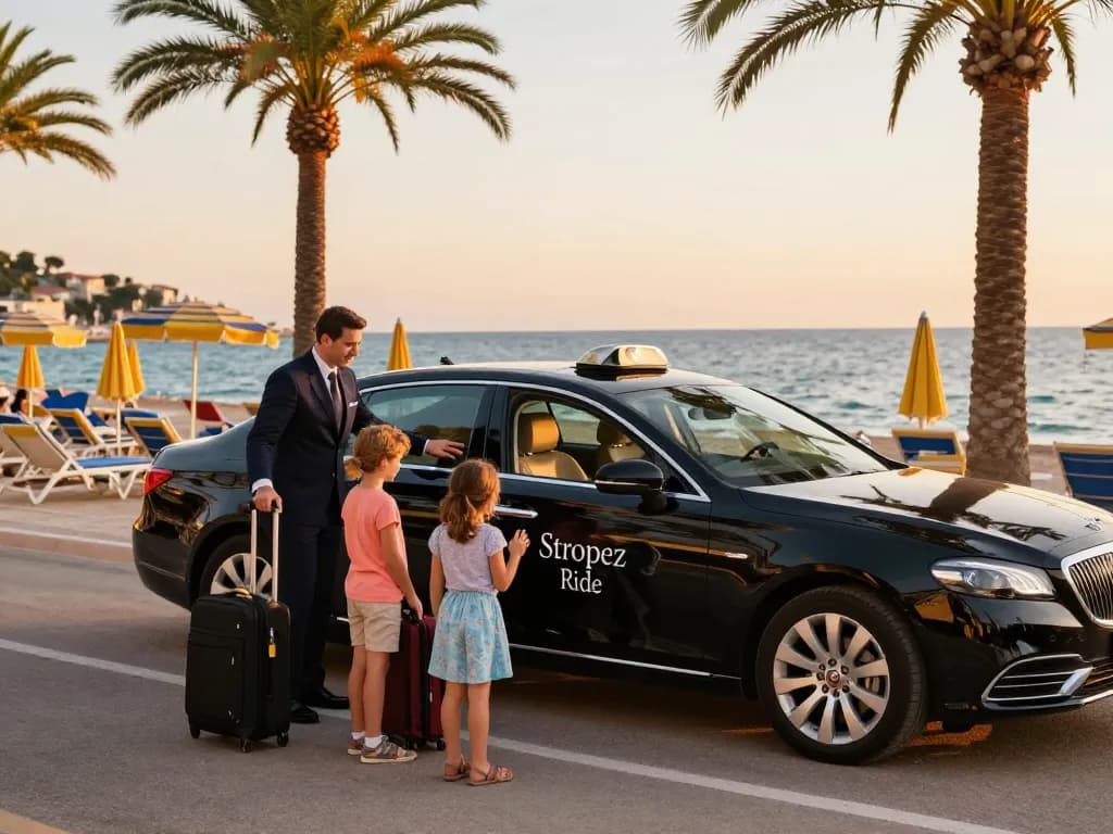 Taxi Saint-Tropez offrant un transport de luxe avec chauffeur professionnel au coucher du soleil.
