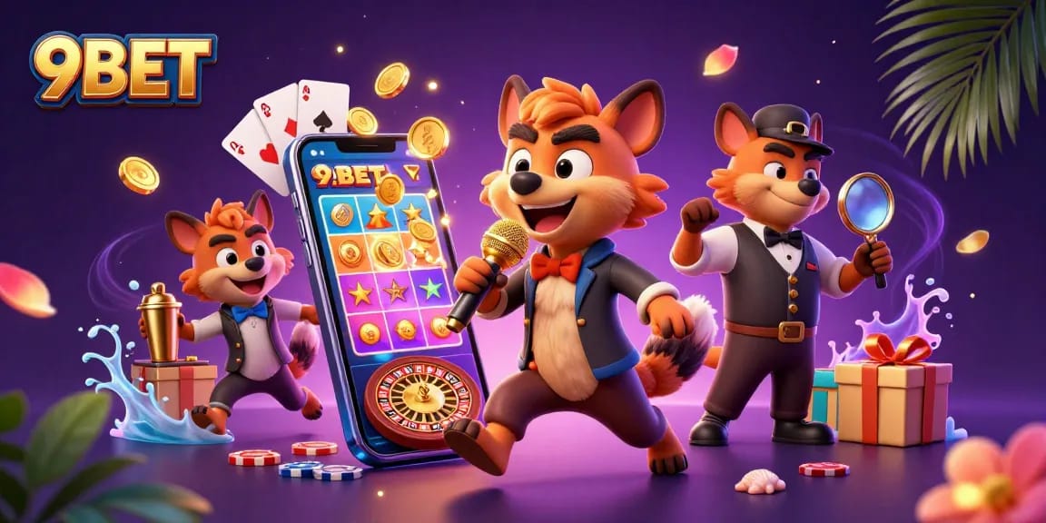 Experience the vibrant casino scene at 9BET featuring comedic hyenas amidst colorful slot games.