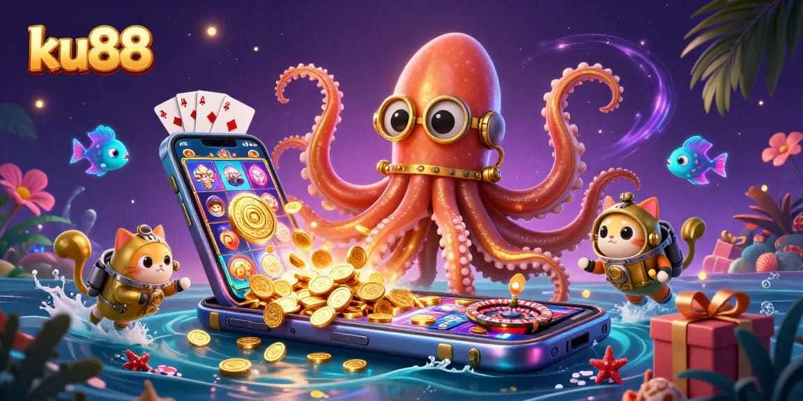 ku88 captures excitement with a vibrant scene featuring a kraken and diving cat amidst gaming elements.