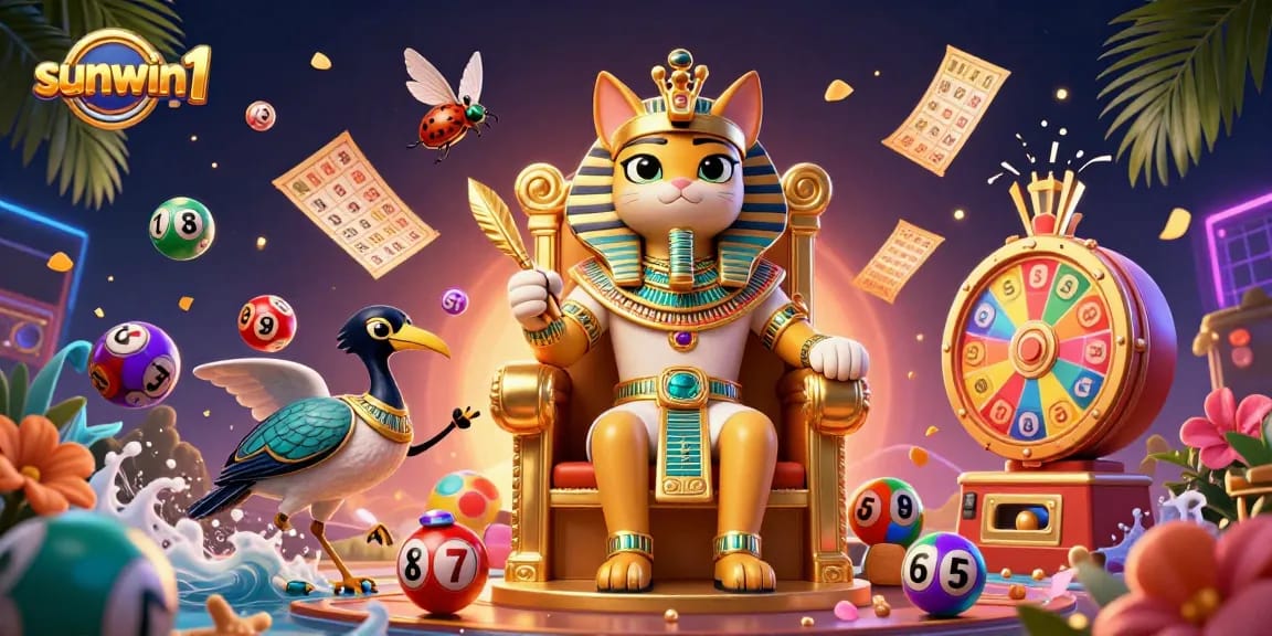 Experience the excitement of sunwin1 with dynamic lottery elements and vibrant visuals in this 3D illustration.