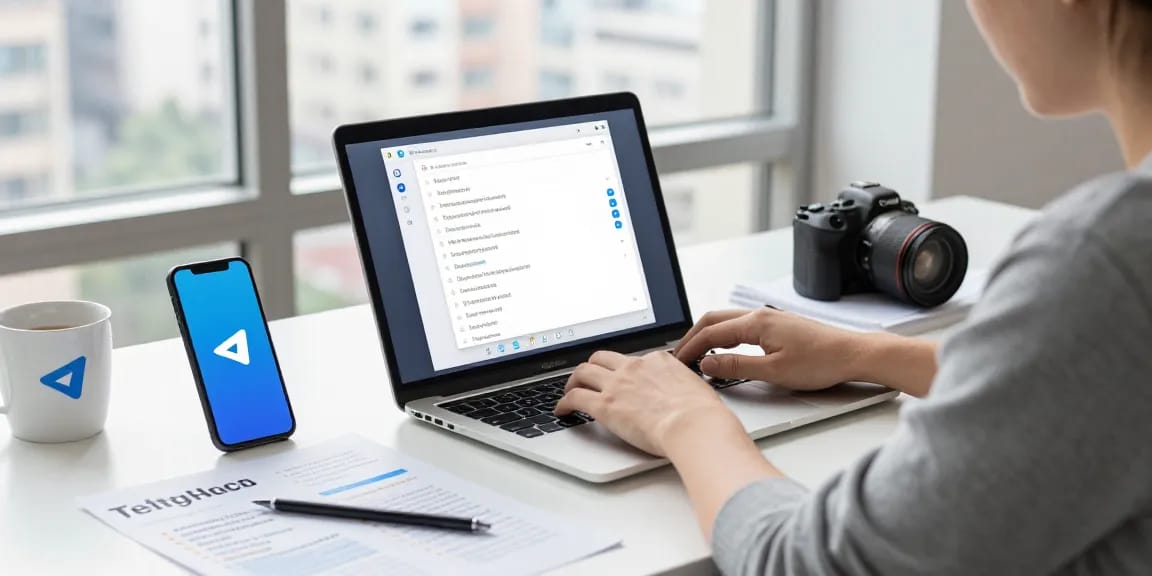 Configuring Telegram Chinese language settings in a modern workspace, showcasing a laptop and smartphone in an engaging tech environment.