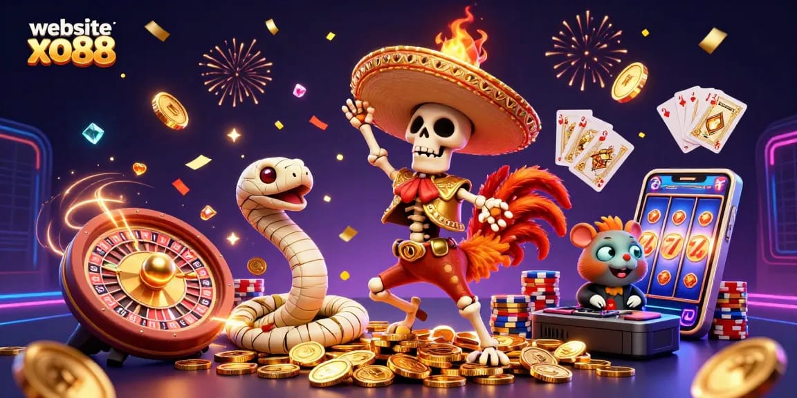 Engage with the thrilling atmosphere of website xo88 with a vibrant casino scene full of fun characters and sparkling elements.