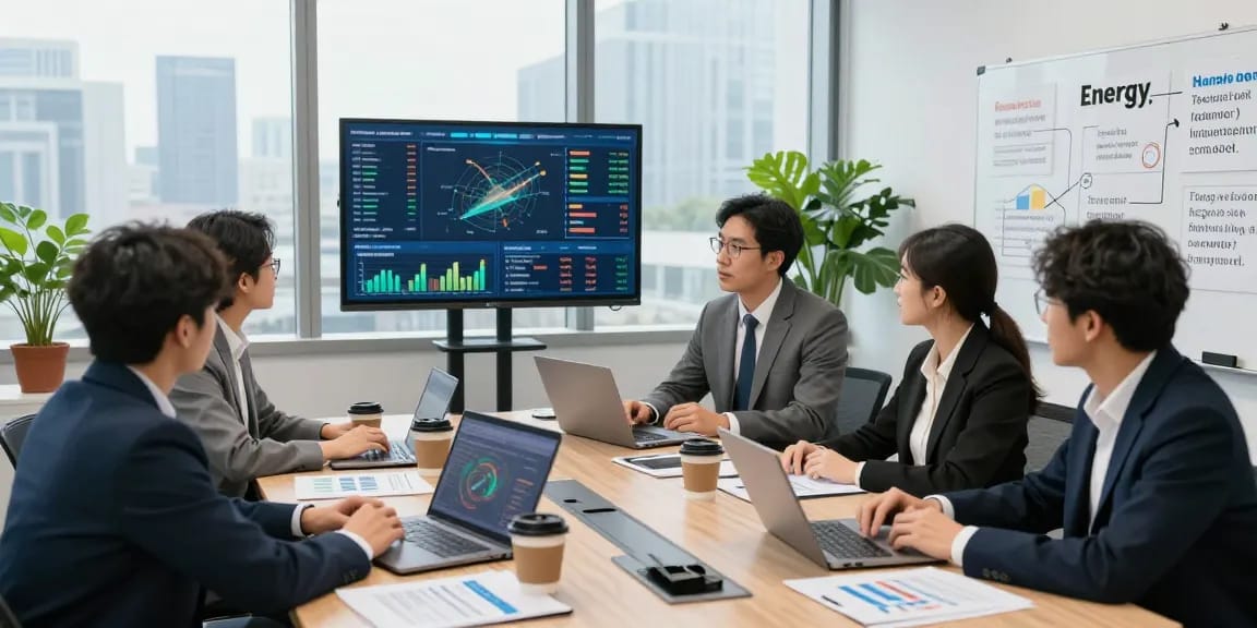 Business professionals collaborating in an office discussing business energy comparison UK strategies around a table with energy data on screens.
