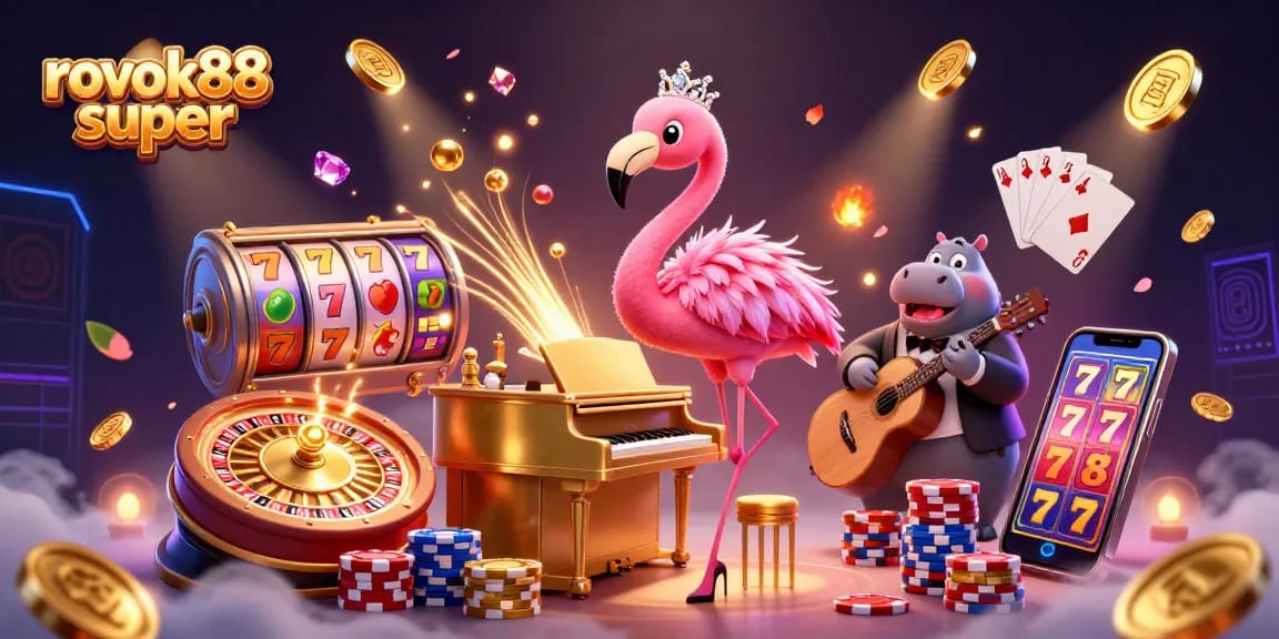 Engage with rokok88 super through colorful casino elements and animated scenes, showcasing slots, cards, and vibrant characters.