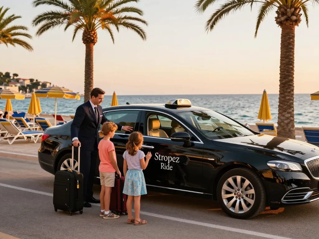Taxi Saint-Tropez offrant un transport de luxe avec chauffeur professionnel au coucher du soleil.