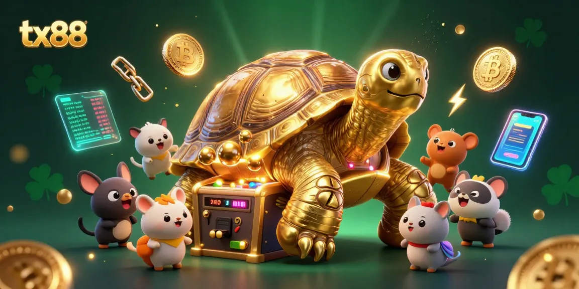 Engage with the vibrant tx88 gaming scene featuring a dynamic golden tortoise playing crypto-themed games.