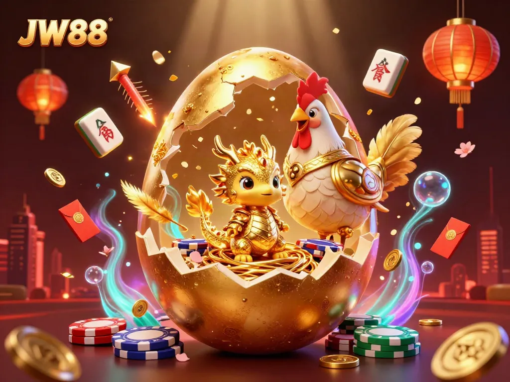 Engage in thrilling gaming adventures at JW88 featuring a golden dragon amidst poker chips.