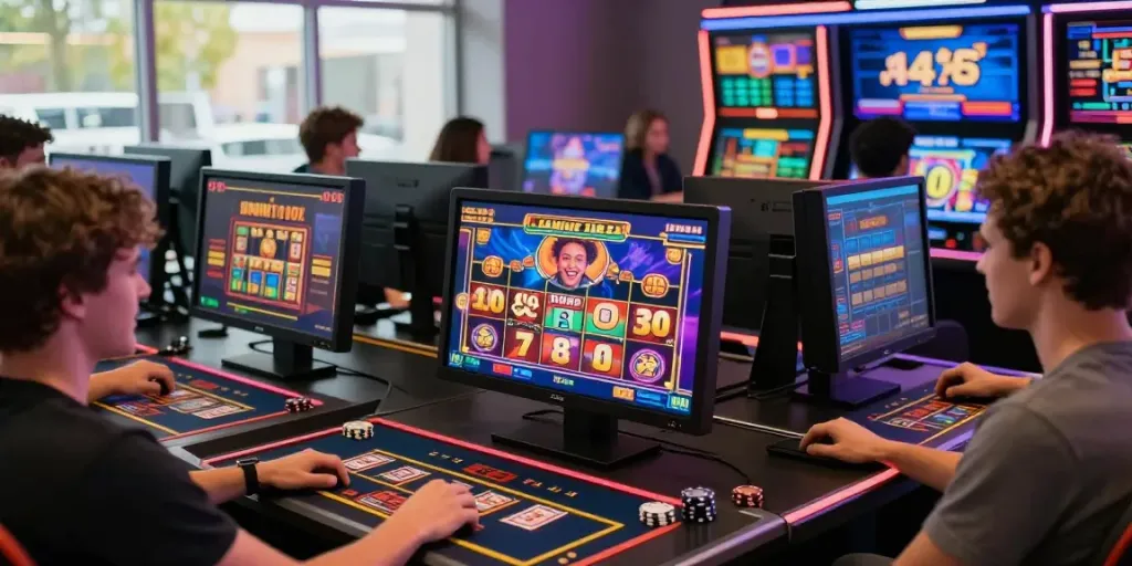 Celebration at da88 online casino with vibrant slot machine graphics and players engaged in exciting gameplay.