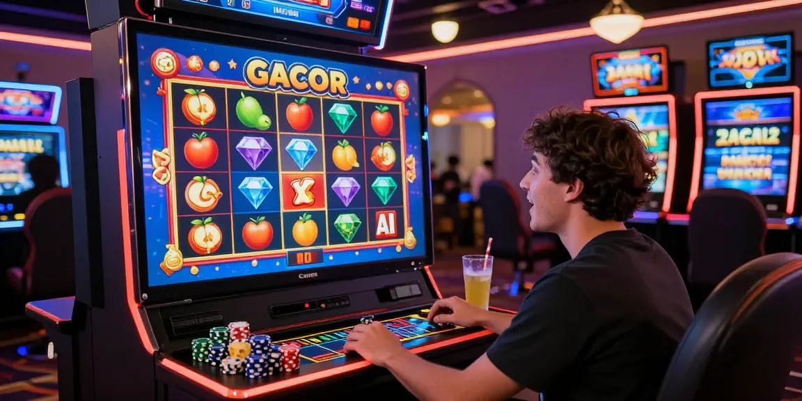 Player thrilled by slot gacor game, vibrant party atmosphere in gaming casino