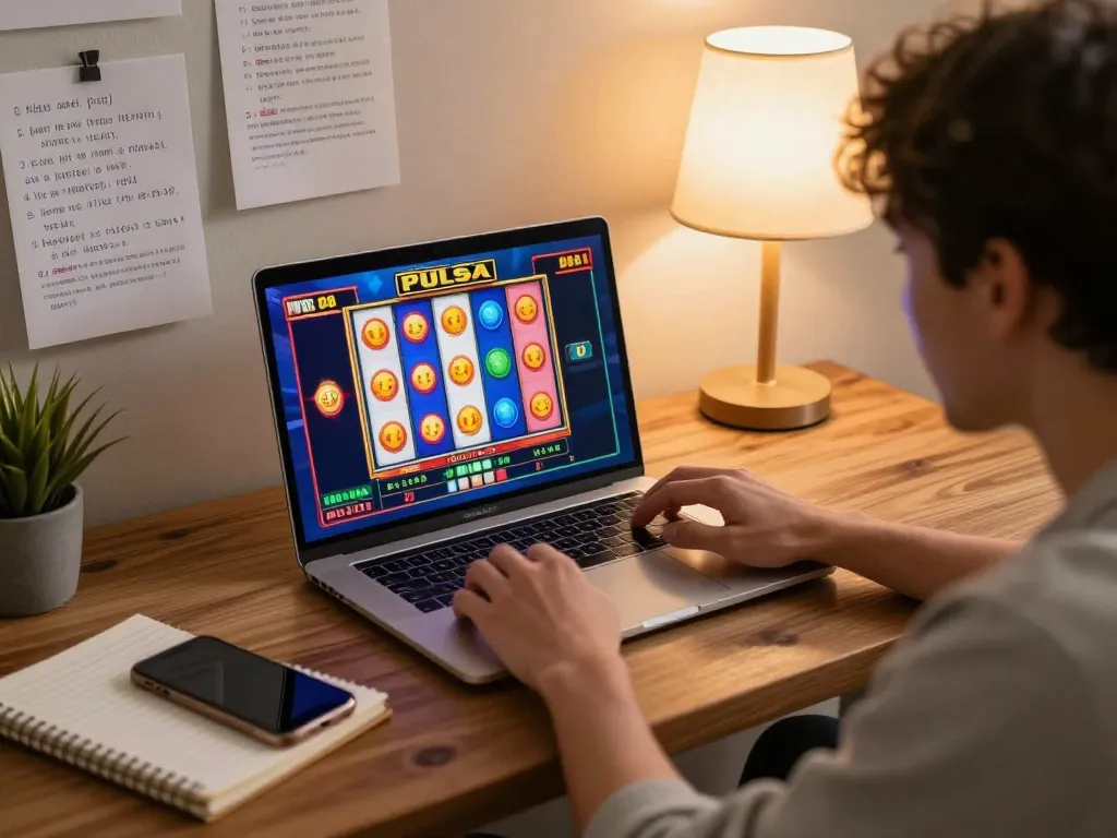 Player enjoying immersive slot pulsa gaming at home with laptop and strategic notes.