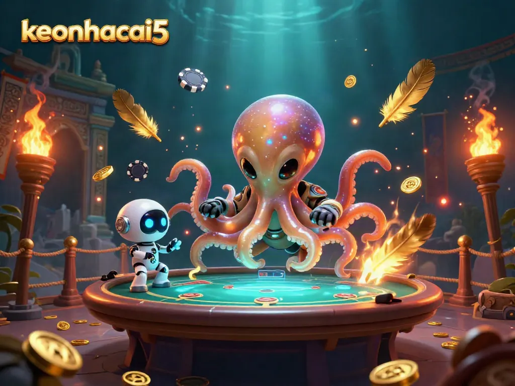 Enter the enchanting universe of keonhacai5 with a cosmic poker game led by an alien octopus.
