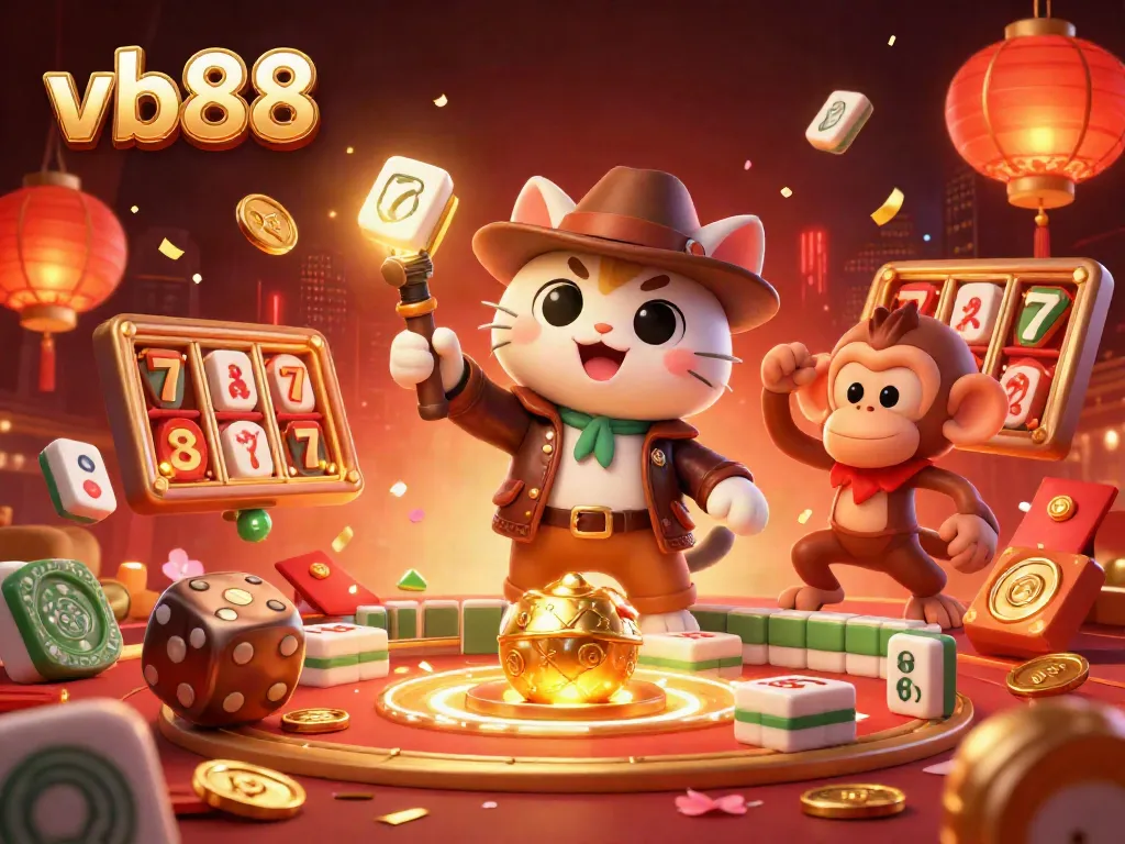 Experience thrilling gameplay at vb88 with an explorer cat discovering a golden casino artifact amidst vibrant game elements.