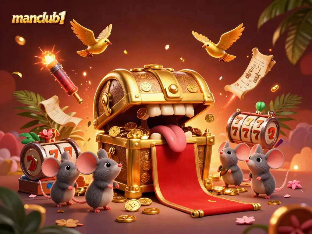 Engage in thrilling spins at manclub1’s vibrant arcade with a golden treasure chest inviting players in.