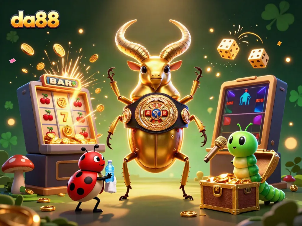 Experience thrilling gameplay at da88 with a dynamic scene featuring slot games, beetle champions, and dazzling action!