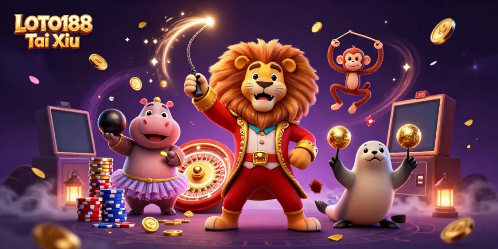 Engage in thrilling LOTO188 Tai Xiu games with a lively circus-themed 3D illustration showcasing vibrant gaming elements.