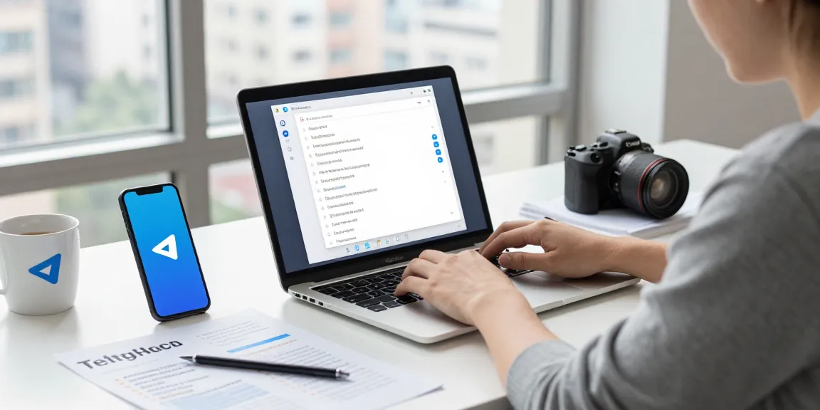 Configuring Telegram Chinese language settings in a modern workspace, showcasing a laptop and smartphone in an engaging tech environment.