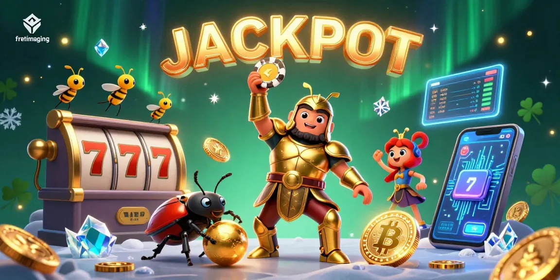 Fretimaging invites players to a jackpot scene with a heroic beetle lifting a poker chip amidst vibrant casino elements.