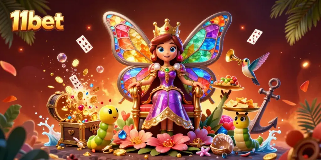 Experience winning with 11bet in a vibrant 3D casino scene full of excitement and colorful elements.