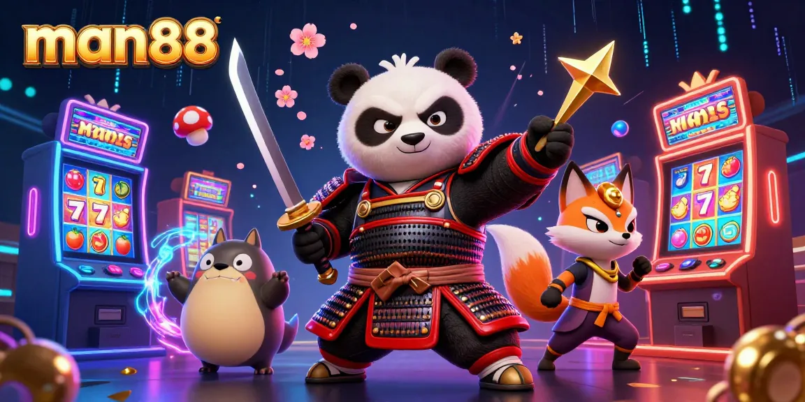 Experience thrilling gameplay with man88 through cartoon samurai panda and vibrant slots illustration.