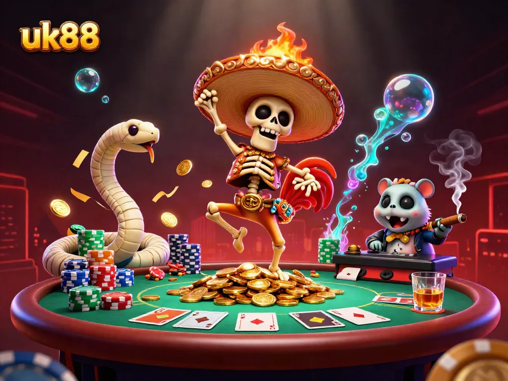 Experience the vibrant celebration of uk88 with a dynamic casino scene featuring festive characters and gaming elements.
