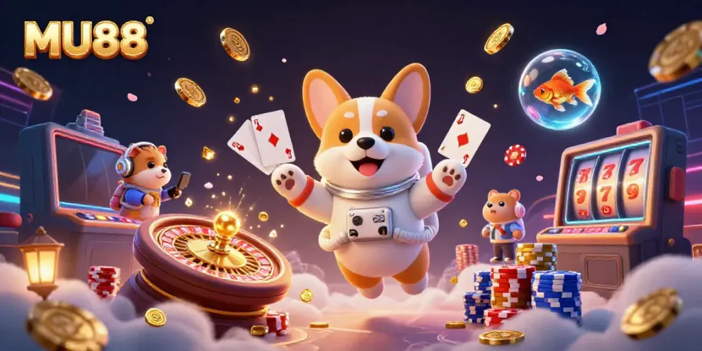 Win big with MU88 in a vibrant casino atmosphere featuring a cartoon corgi astronaut.