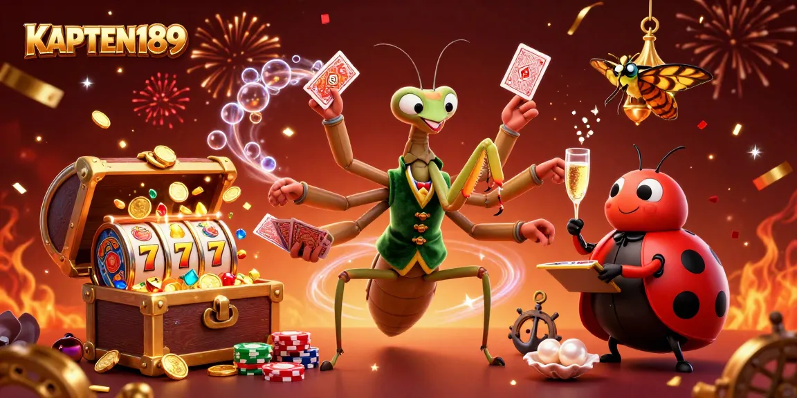 KAPTEN189 menyajikan aksi slot online dengan slot reels dan karakter lucu dalam suasana kasino yang meriah.