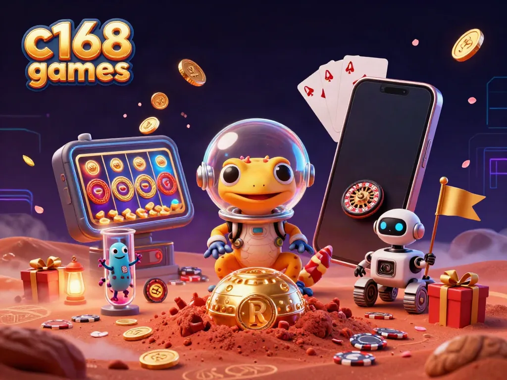 Engage in c168 games with a Martian gecko discovering a golden casino surrounded by vibrant slot elements.