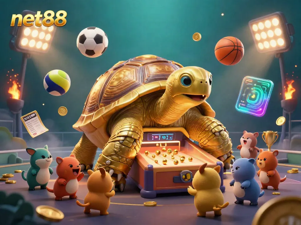 Experience explosive gameplay at net88 with a vibrant illustration of a golden tortoise pinball machine enticing eager players.
