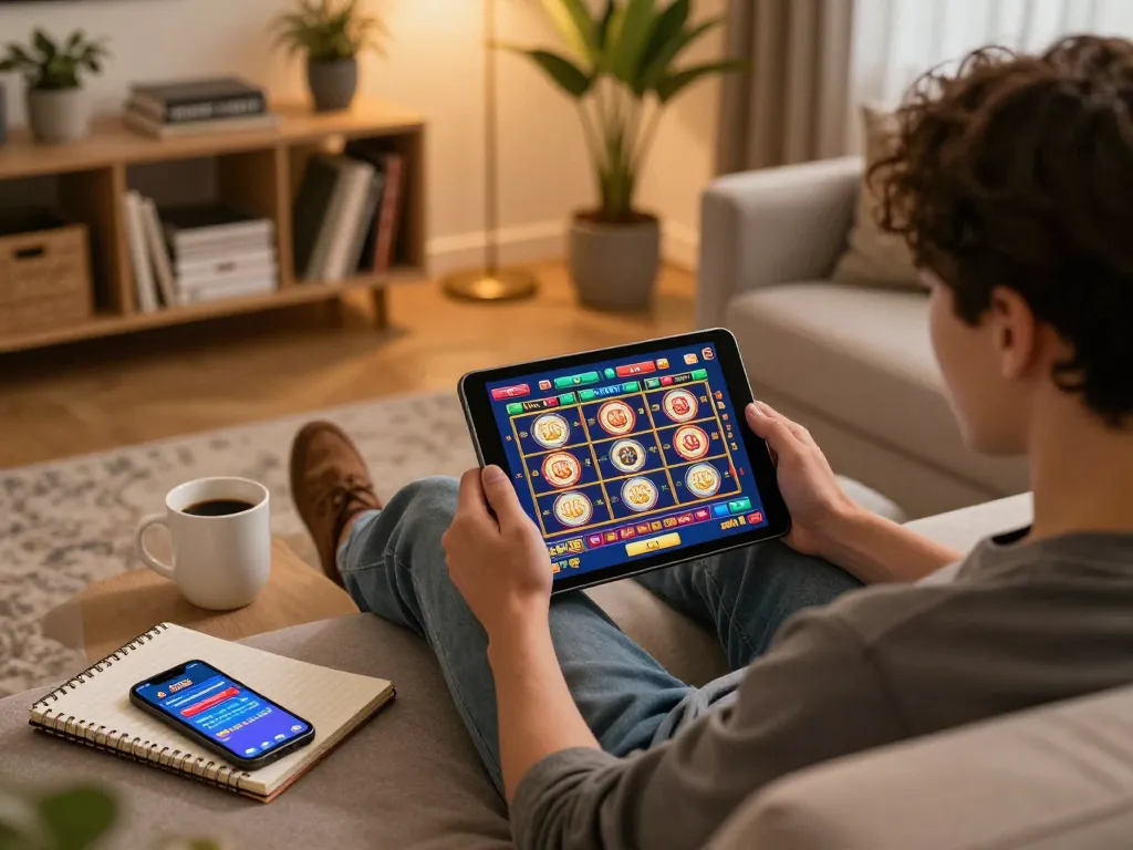 Person enjoying online gambling with the 79KING app on tablet in cozy home setting.