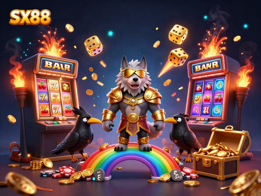 Engage in the SX88 casino experience with a vibrant 3D illustration showcasing a Norse wolf and ravens amidst a jackpot explosion.