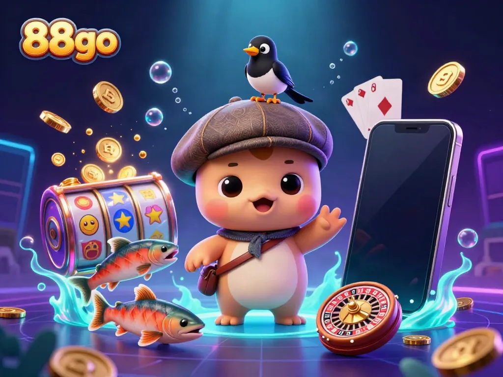 Engage with 88go's captivating gaming scene featuring Nessie and vibrant slot game elements.