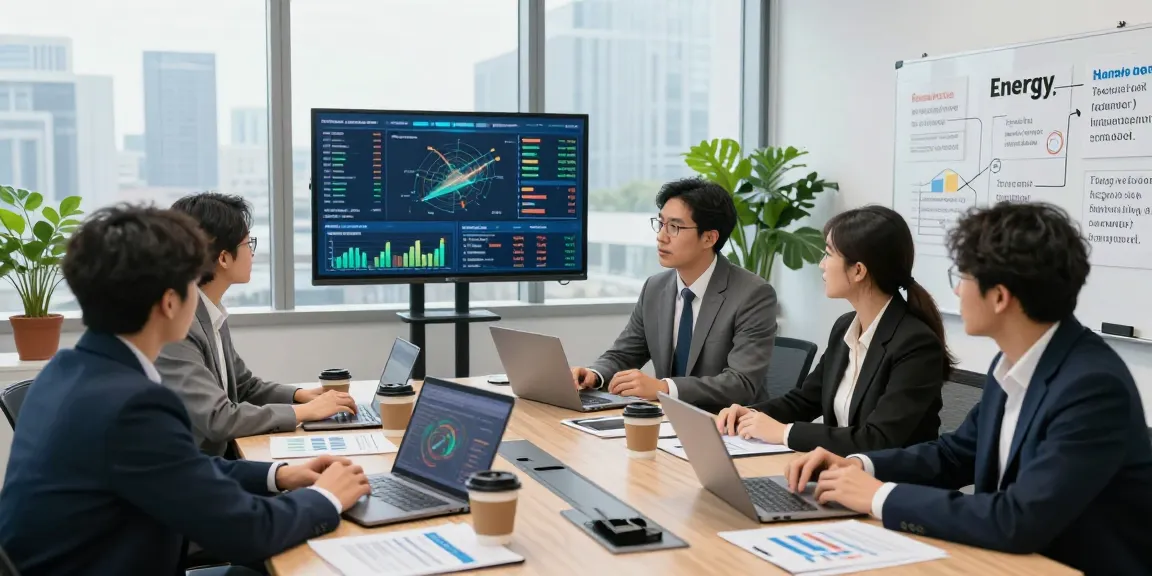 Business professionals collaborating in an office discussing business energy comparison UK strategies around a table with energy data on screens.