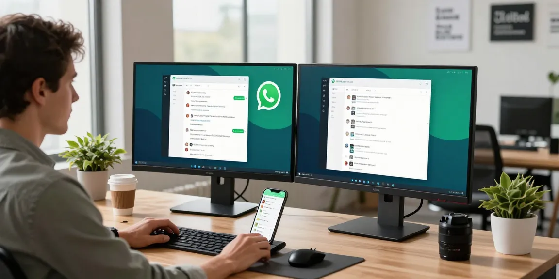 Person using WhatsApp網頁版 on a sleek desktop for efficient messaging in a modern office setting.