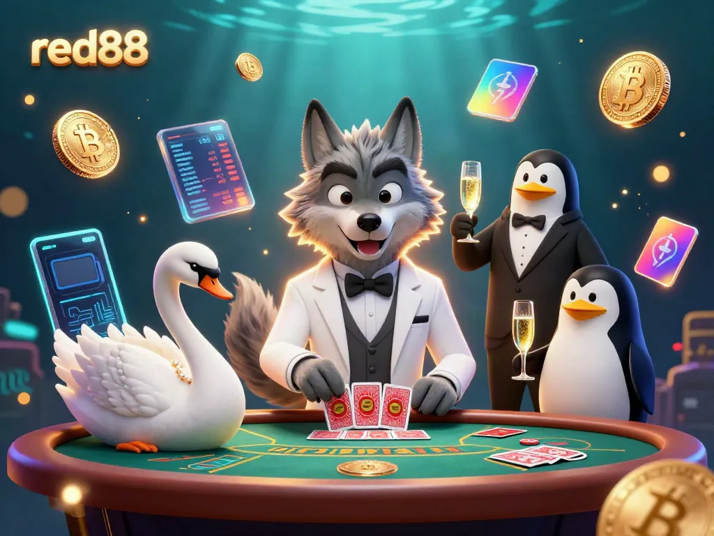 Experience vibrant gaming action at red88, with cartoon characters enjoying baccarat and crypto elements.