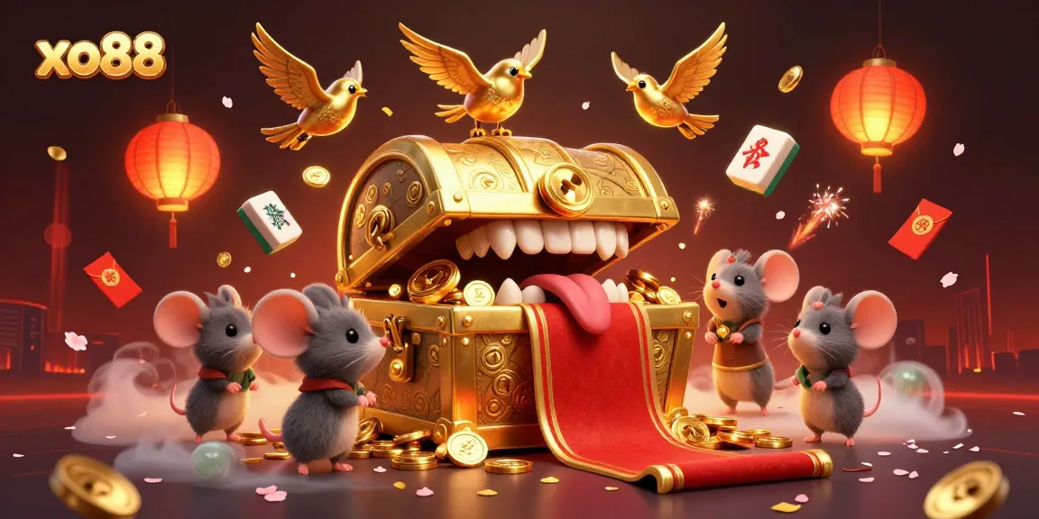 Join the thrilling adventure at xo88 with a treasure chest luring adventurer mice surrounded by vibrant gaming elements.