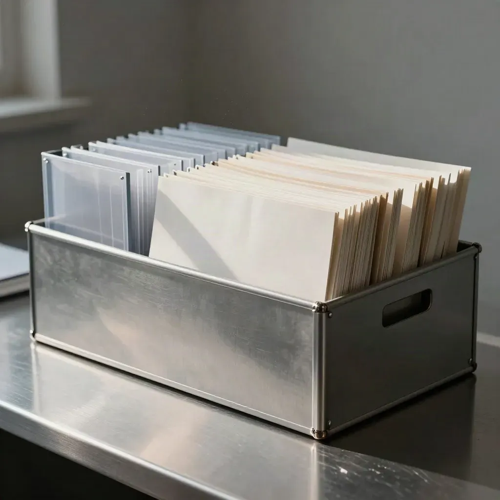 Archivní auditní boxy a složky na nerezovém stole v chladném ranním světle.