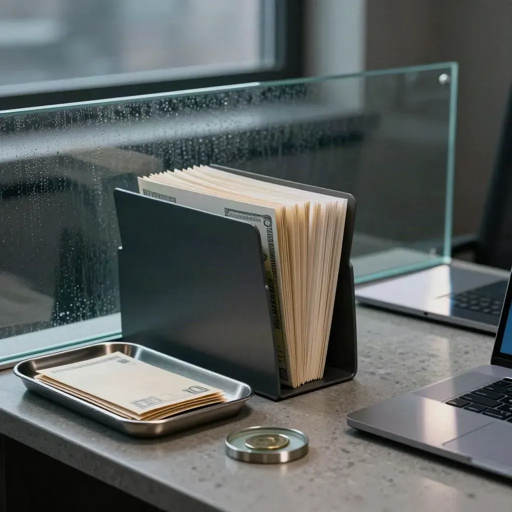 Balík cash flow, tray s obálkami, miska na mince a zavřený notebook u skla.