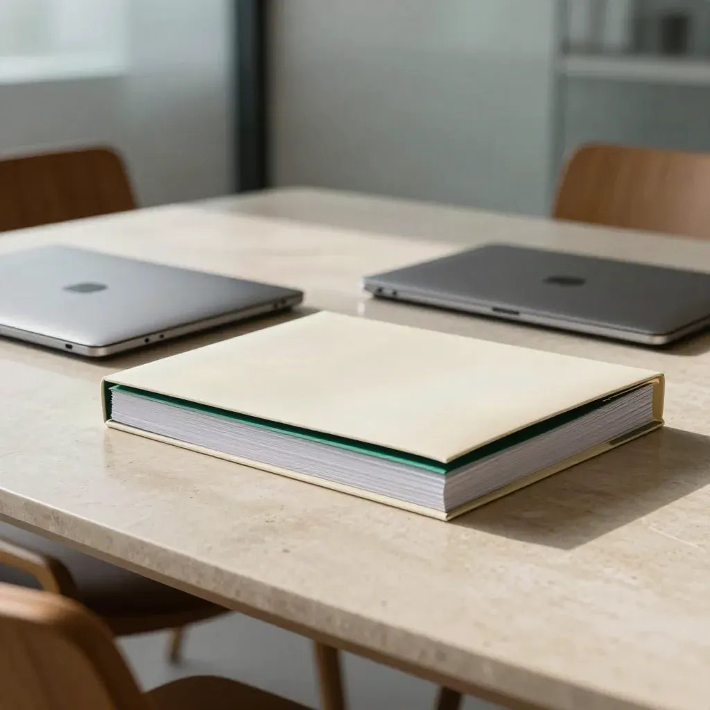 Balíček výkazů, zavřený notebook a úzký tác na stole v moderní zasedačce.