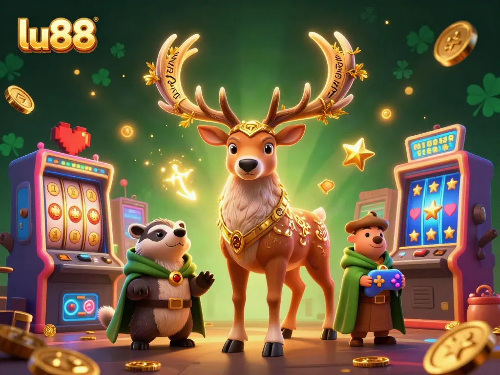 Experience the thrill of lu88 with an enchanting 3D casino scene featuring a druid, badger, and vibrant slot games.