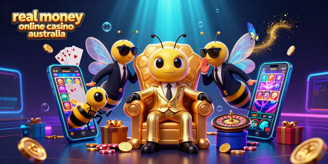A vibrant scene showcasing the best real money online casino Australia with a cartoon bumblebee mob boss amid casino elements and gaming excitement.