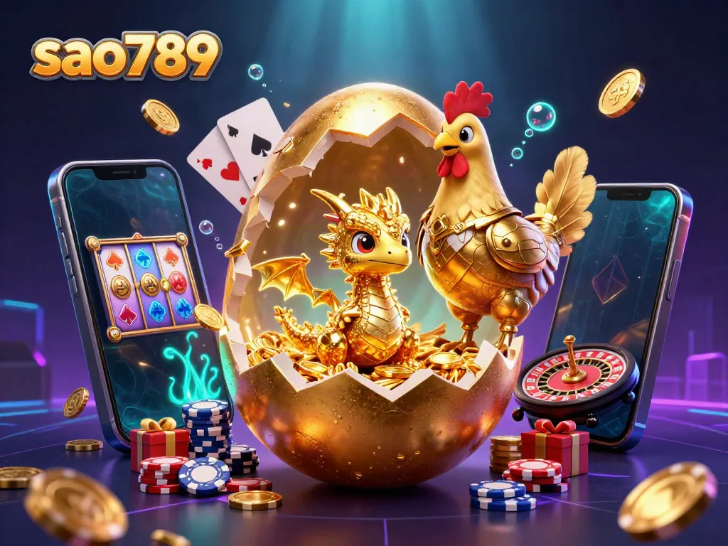 Join the action at sao789 with a stunning golden dragon and dynamic casino elements in a vibrant 3D illustration.