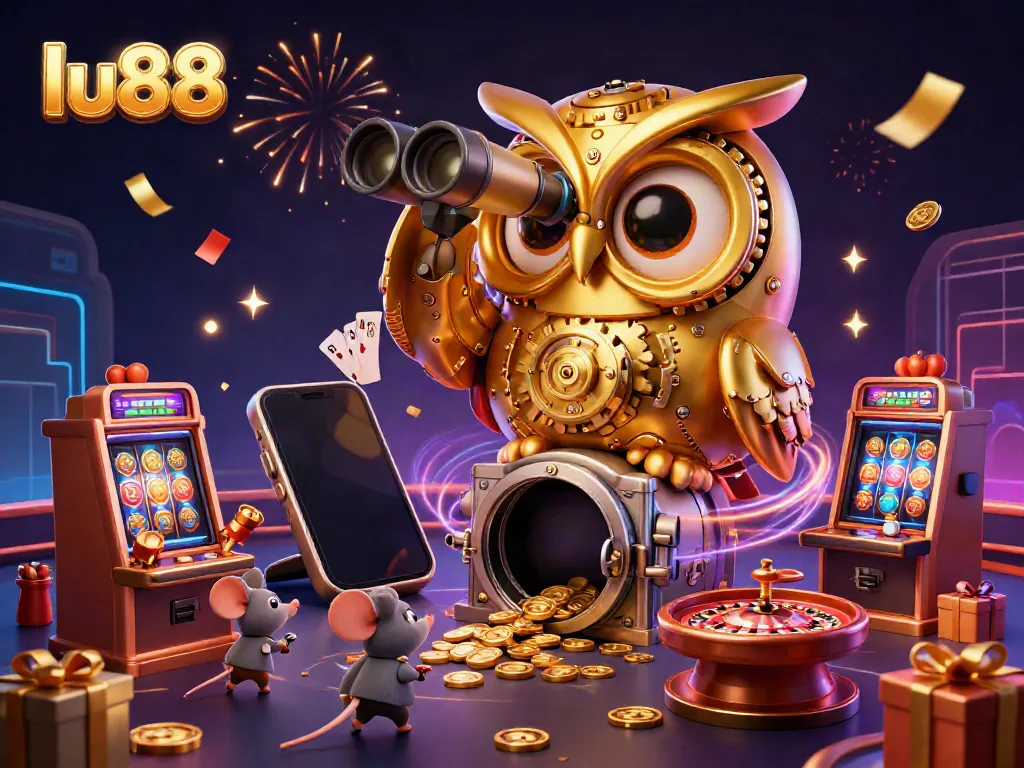 Experience thrilling gameplay at lu88 with a dynamic scene of a golden owl and mouse patrons in a vibrant casino.