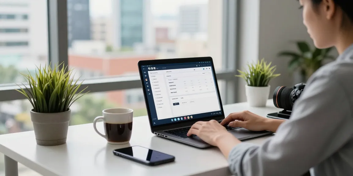 快连 software interface displayed on a laptop in a modern home office, showcasing productivity and tech connectivity.