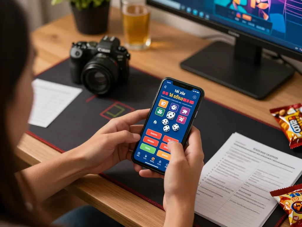 Engaging scene of a person playing app tài xỉu online on smartphone with dynamic interface in a cozy home setup.