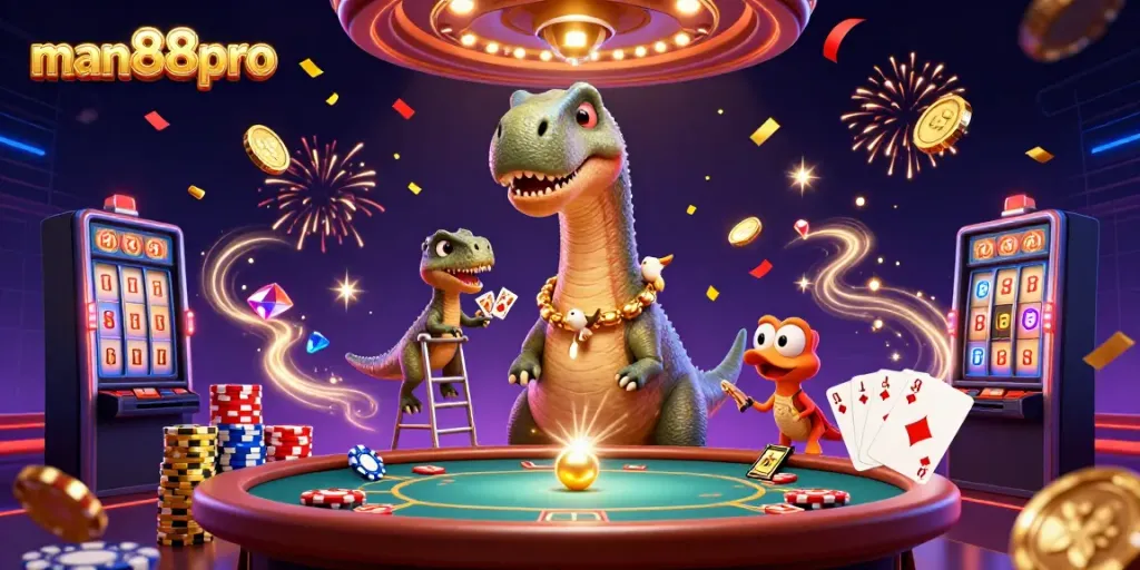 Experience the excitement of gaming with man88pro’s dynamic casino scene featuring playful dinosaurs and vibrant game elements.