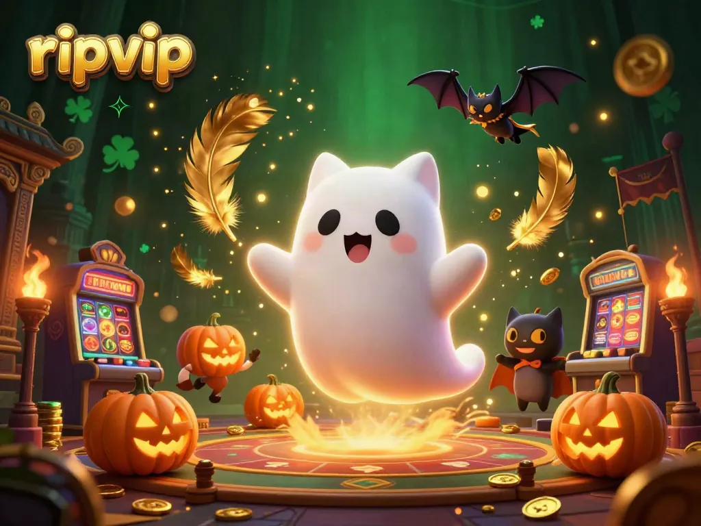 Ripvip captures the thrill of gambling with a ghost cat and bat in a haunted casino scene.