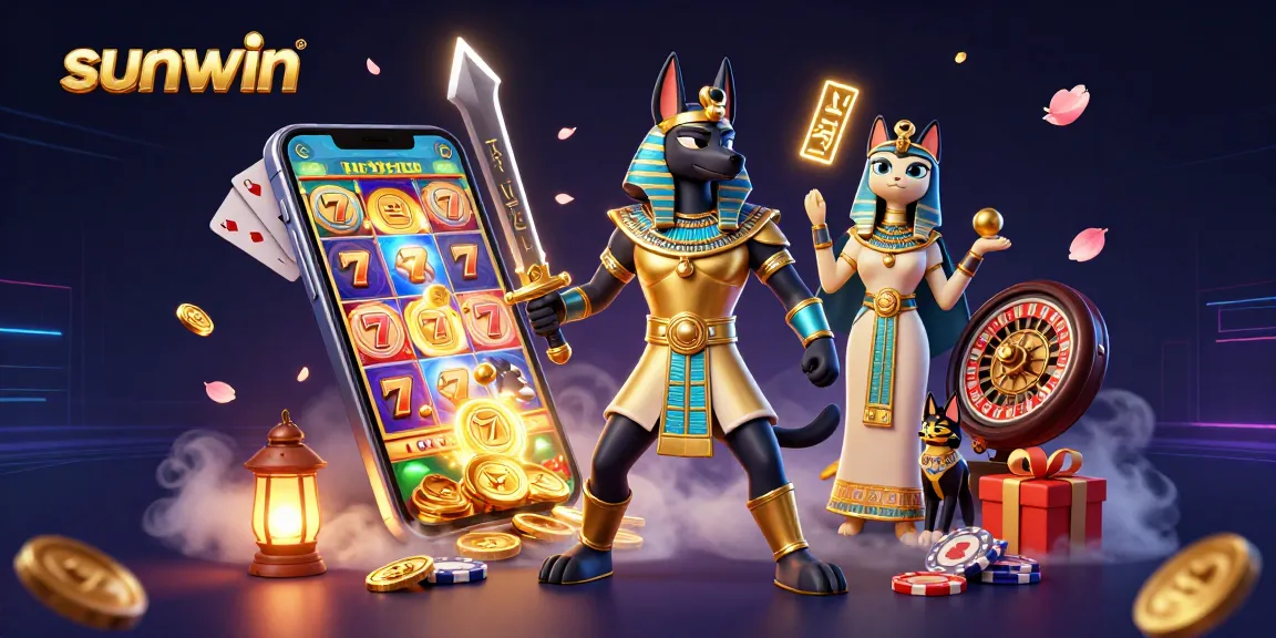 Experience thrilling gameplay with sunwin's immersive 3D casino illustration featuring Anubis and Bastet.