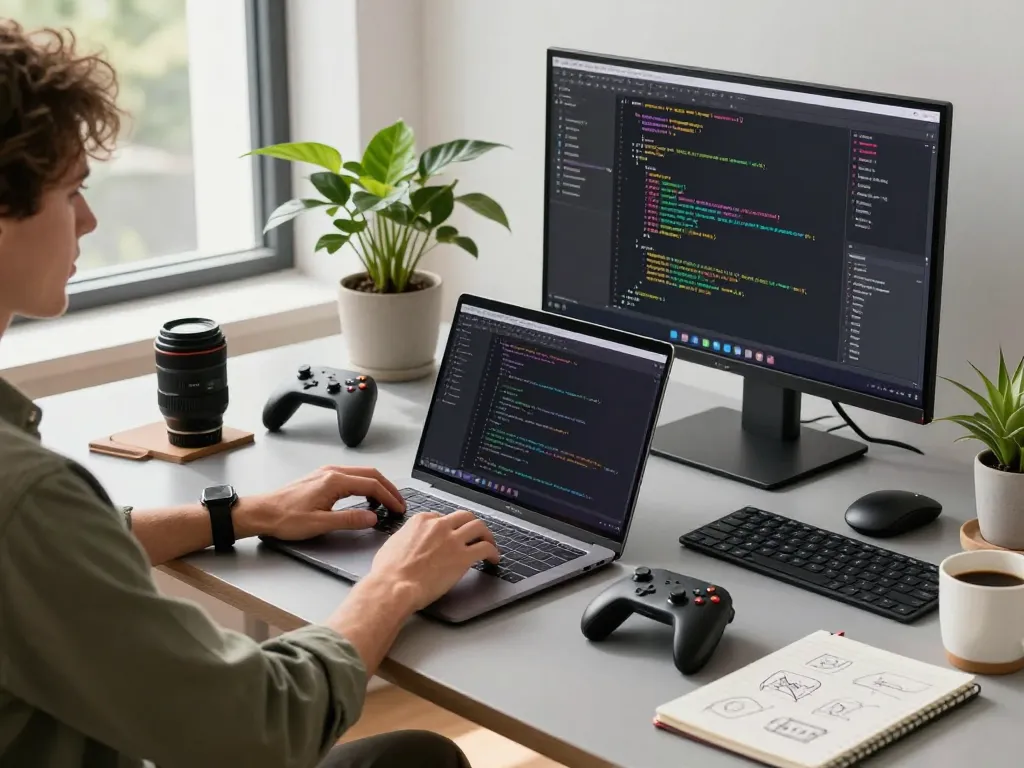 Person using must have tech gadgets in a modern workspace with laptop and smart devices.