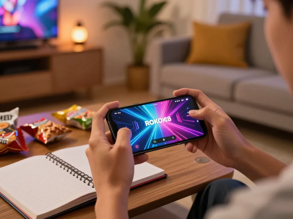 Bermain ROKOK88 di smartphone di ruang tamu yang nyaman, menampilkan suasana permainan mobile yang menarik