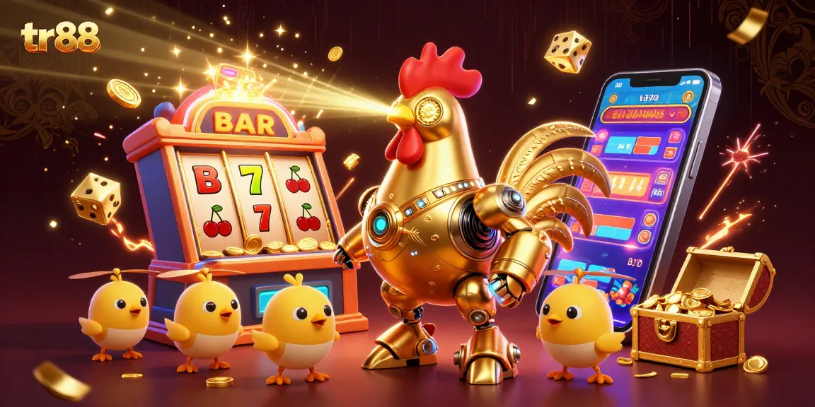 Experience tr88 excitement with a dynamic casino scene featuring a futuristic golden rooster and baby chick drones amidst a jackpot explosion.